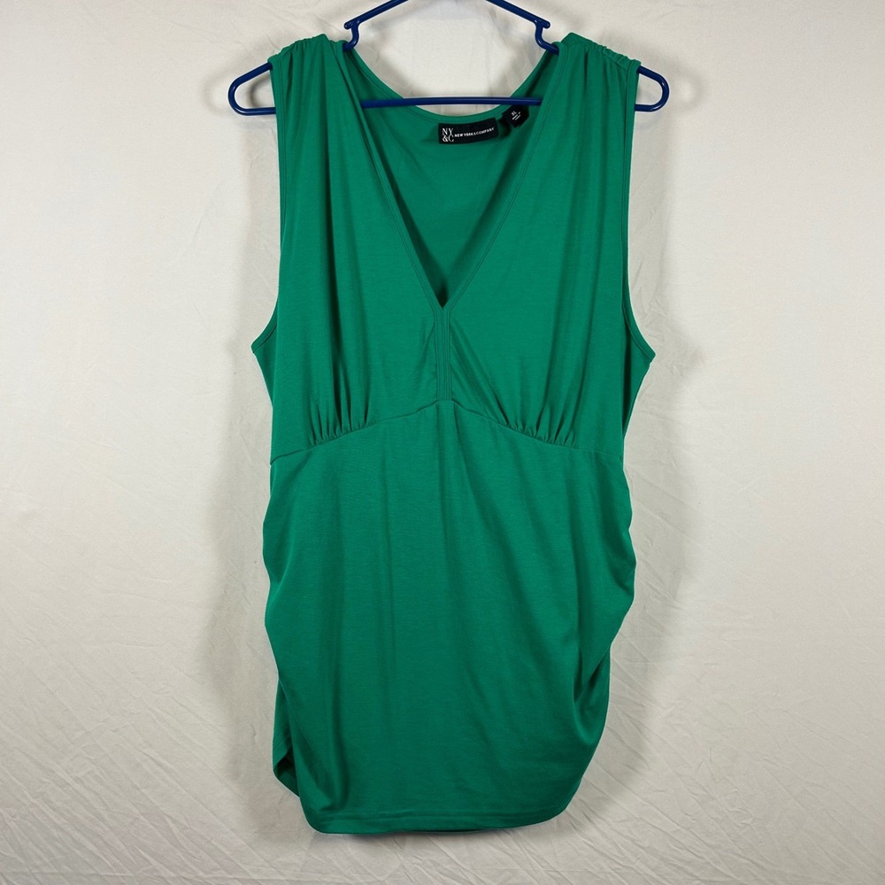 New York & Company Womens XL Green V-Neck Empire‎ Waist Ruched Sleeveless Top
